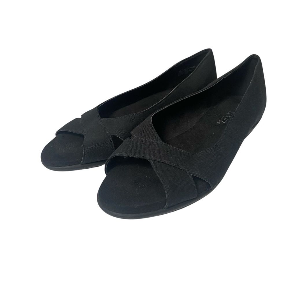 Aerosole Silver Platter Fabric Upper Open Toe Black Wedge Sandals Women's Size 6